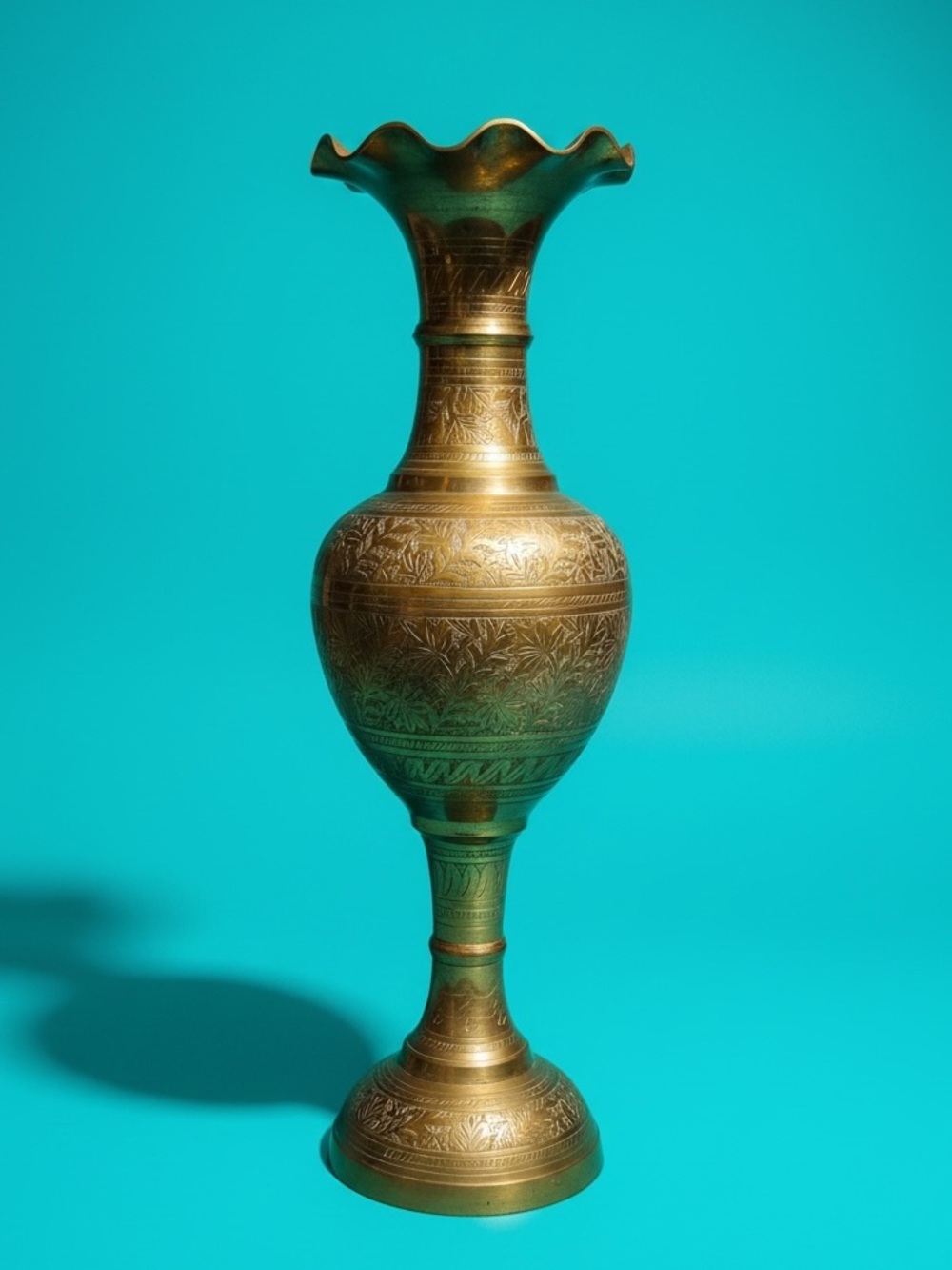 Vintage Heavy 20" Etched Brass Floor Vase Scalloped Ruffled Rim Boho Decor